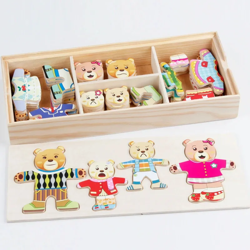 Montessori Wooden Magnetic Dressing Puzzle Lacing Toy Cartoon Bear Rabbit Toddler Educational Learning Game Storage Box