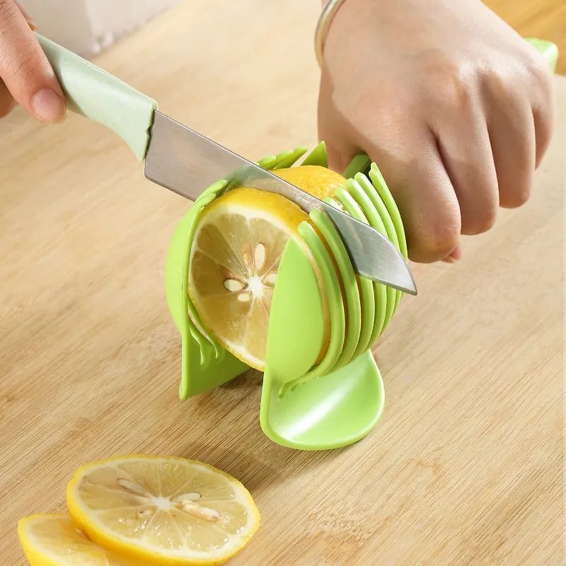 Multi-Functional Plastic Fruit Slicing Guide Handheld Lemon Tomato Slicer Even Cut Vegetable Holder Kitchen Safety Tool