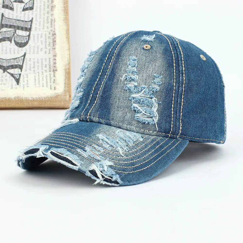 Washed Denim Baseball Cap Distressed Ripped Cotton Adjustable Sun Hat Outdoor Vintage Style For Men Women