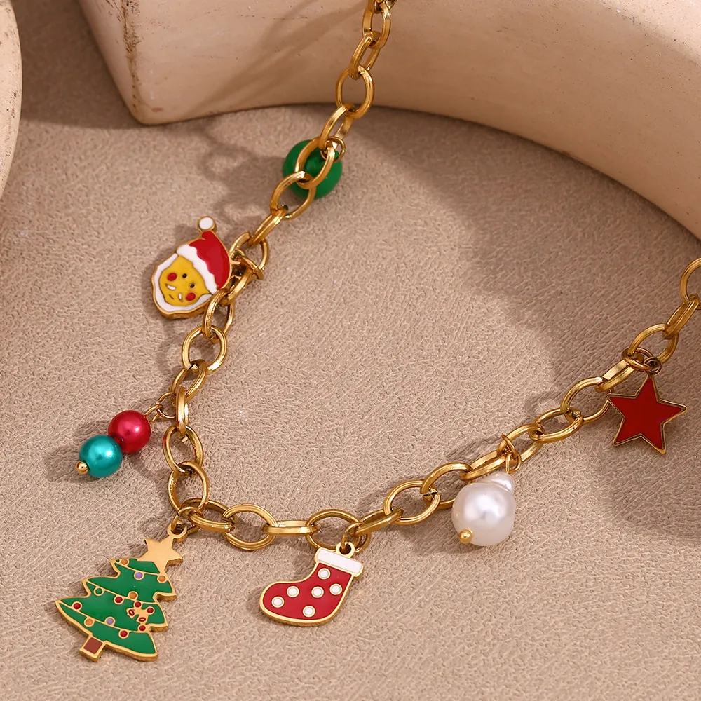 Christmas Charm Necklace Stainless Steel 18K Gold Plated Santa Claus Tree Star Faux Artificial Pearl Holiday Jewelry For Women