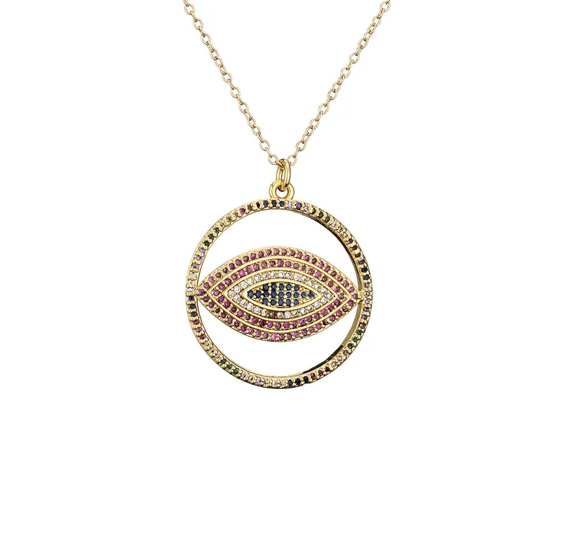 Collana Con Ciondolo Malocchio Rame Micro Pavé Zirconi Colorati Smalto Disco Rotondo Gioielli Boho Per Donna