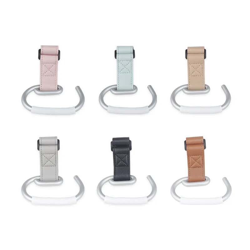 E Shaped Stroller Hook PU Leather Aluminum Alloy Universal Magic Tape Hanger Heavy Duty Non Slip Bag Hook For Prams