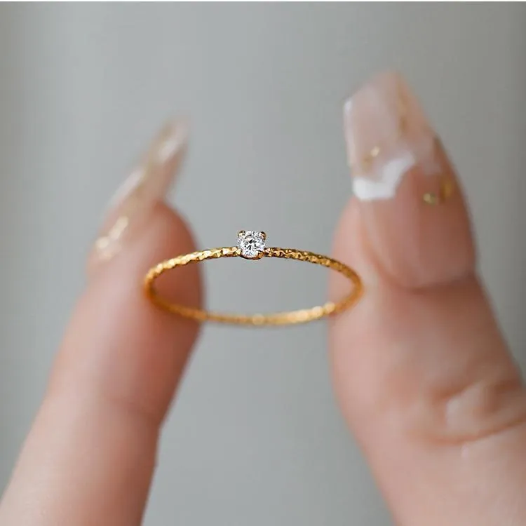 Skinny Ring Titanium Steel 18K Gold Plated Thin Minimalist Textured Geometric Single Zircon Gemstone For Women