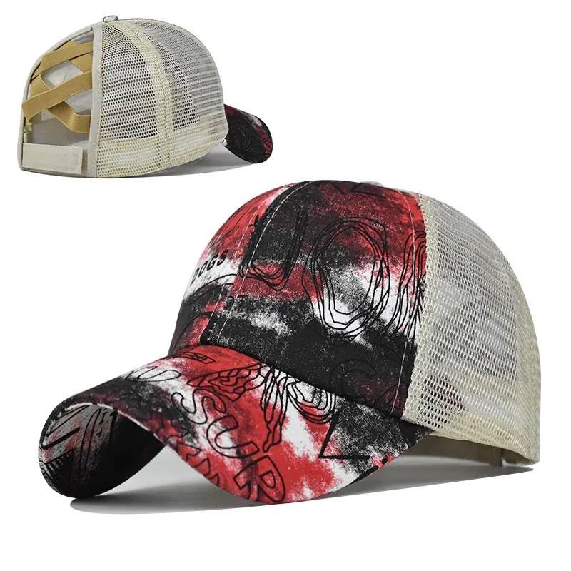 Women Ponytail Baseball Cap Criss Cross Mesh Trucker Hat Tie Dye Graffiti Sun Protection Adjustable