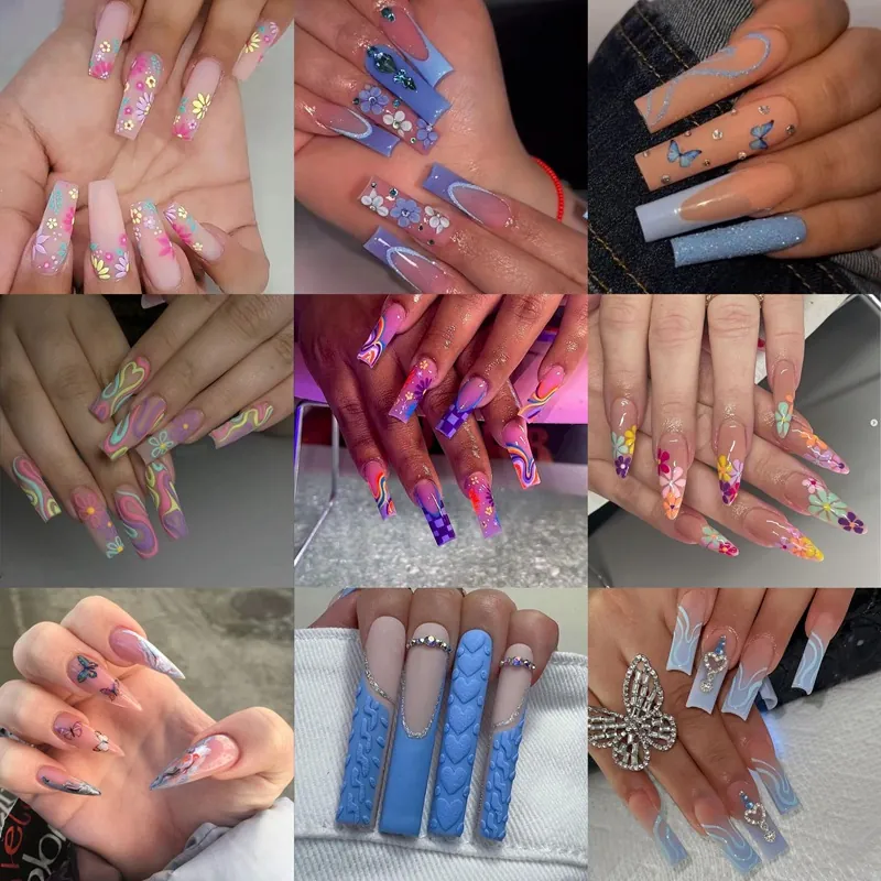 Press On Nails Long Coffin Stiletto False Nails French Style Rhinestone Flower Design Artificial Manicure For Women