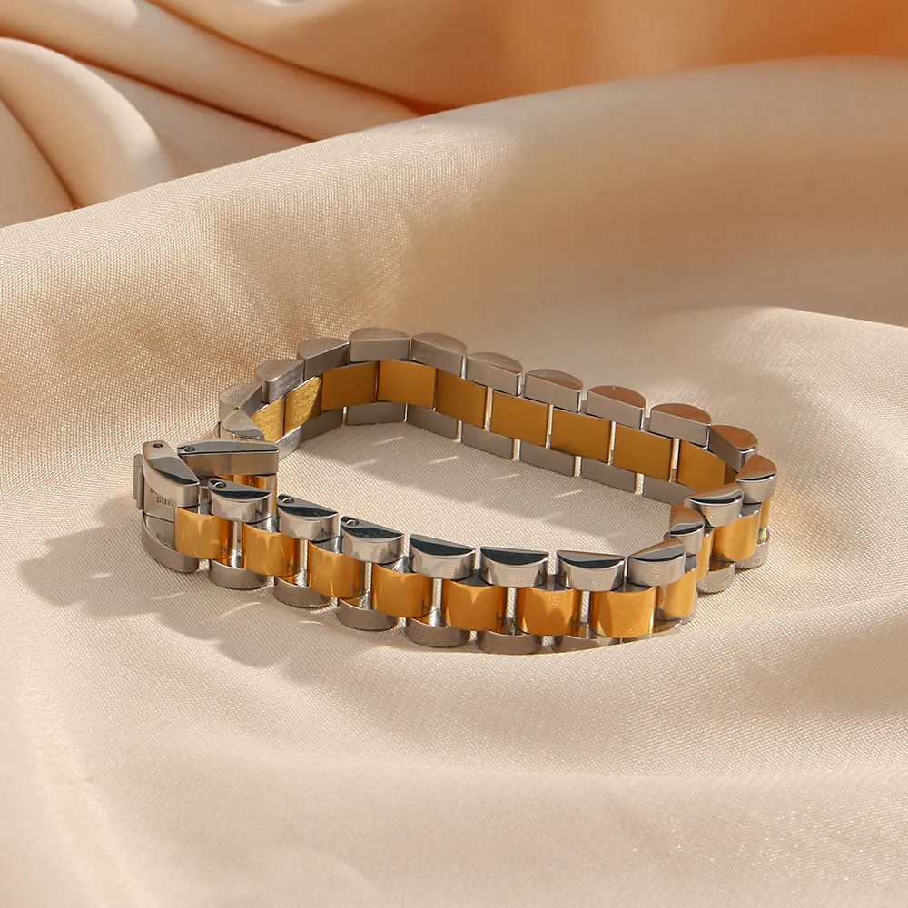 Two Tone Stainless Steel Watch Strap Style Bracelet For Women Elegant President Link Chain Polished Luxury Jewelry