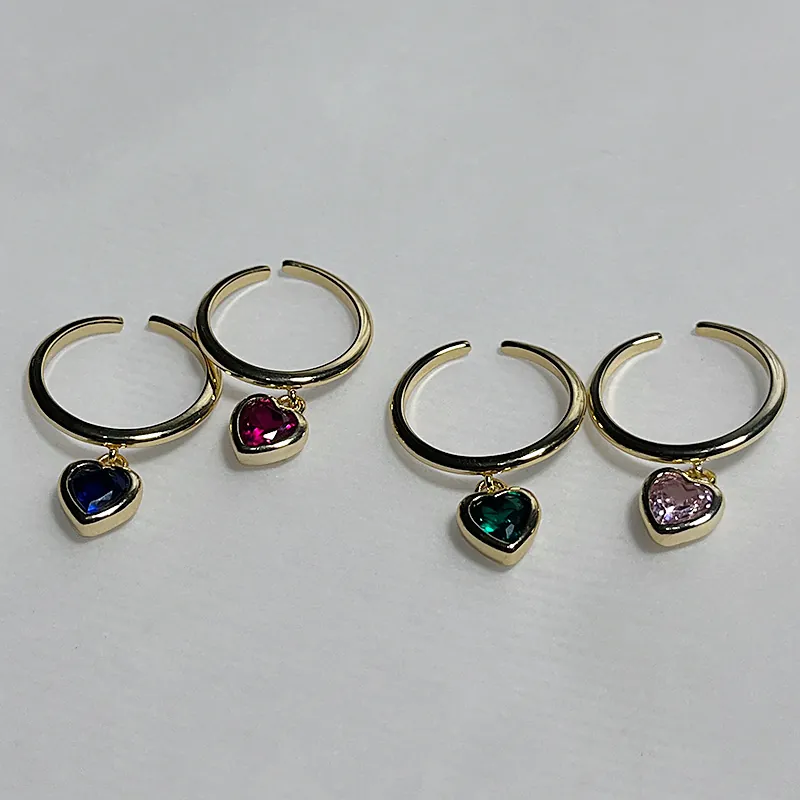 Heart Charm Dangling Open Ring Copper Zirconia Gold Plated Adjustable Vintage Elegant Fashion Jewelry For Women