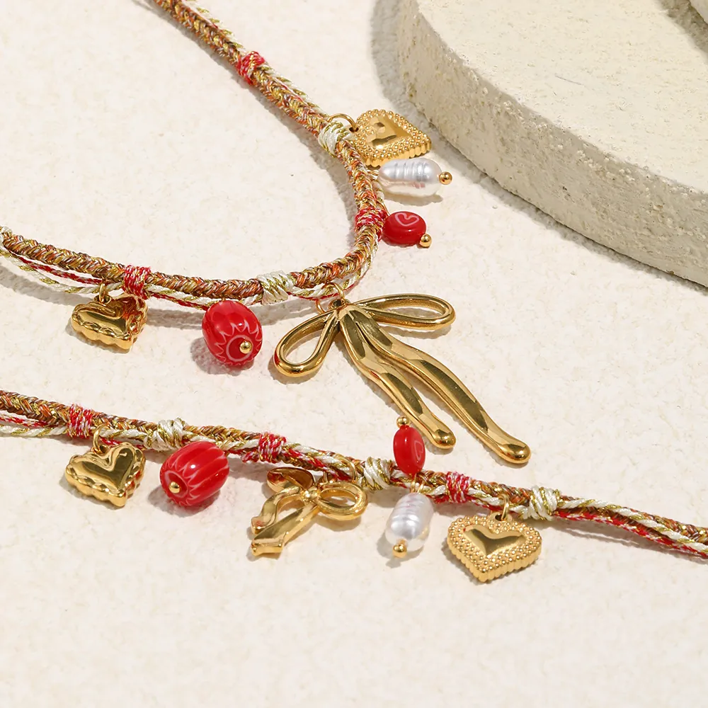 Butterfly Pendant Necklace Braided Rope 18K Gold Plated Stainless Steel With Imitation Artificial Pearl Heart Charm Boho For Women