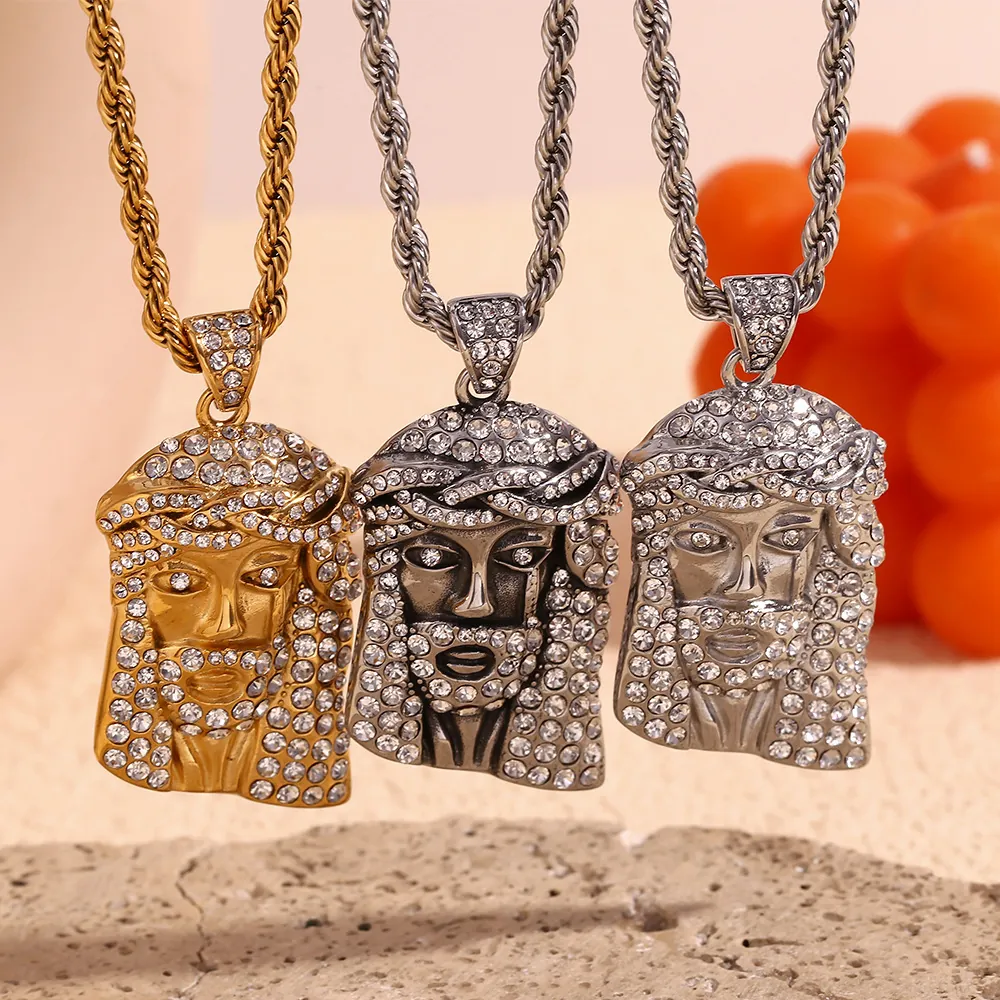 Jesus Head Pendant Necklace Stainless Steel 18K Gold Plated Full Rhinestone Iced Out Hip Hop Rope Chain Jewelry For Men