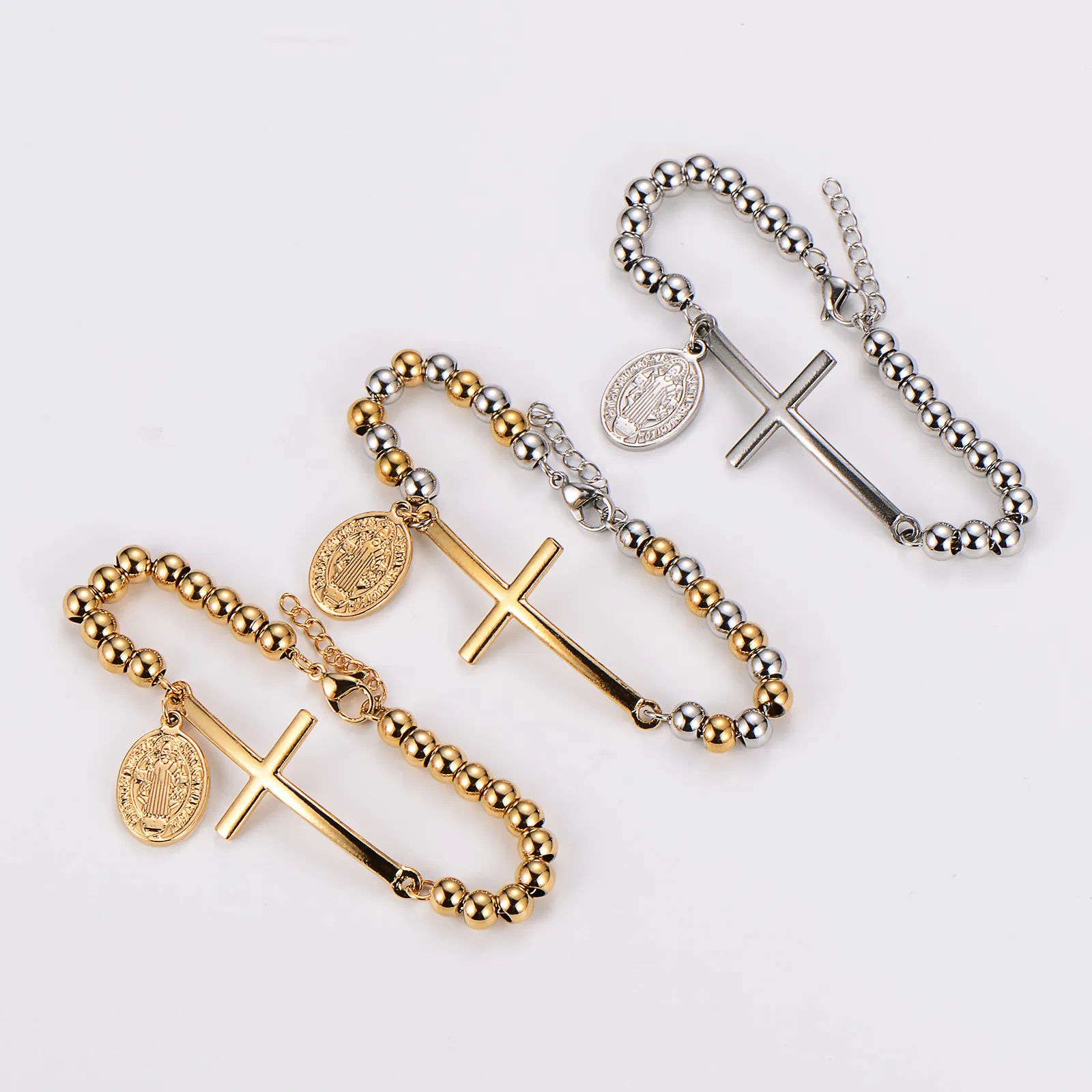 Bracelet Religieux Acier Inoxydable 304 Chaîne À Billes Avec Médaille Ovale Saint Benoît Et Pendentif Croix Incurvée Hommes Femmes