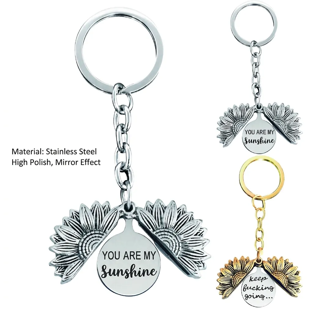 Sunflower Keychain Stainless Steel Openable Pendant Engraved Inspirational Quote Gift Retro Key Ring For Women Mother Sisters