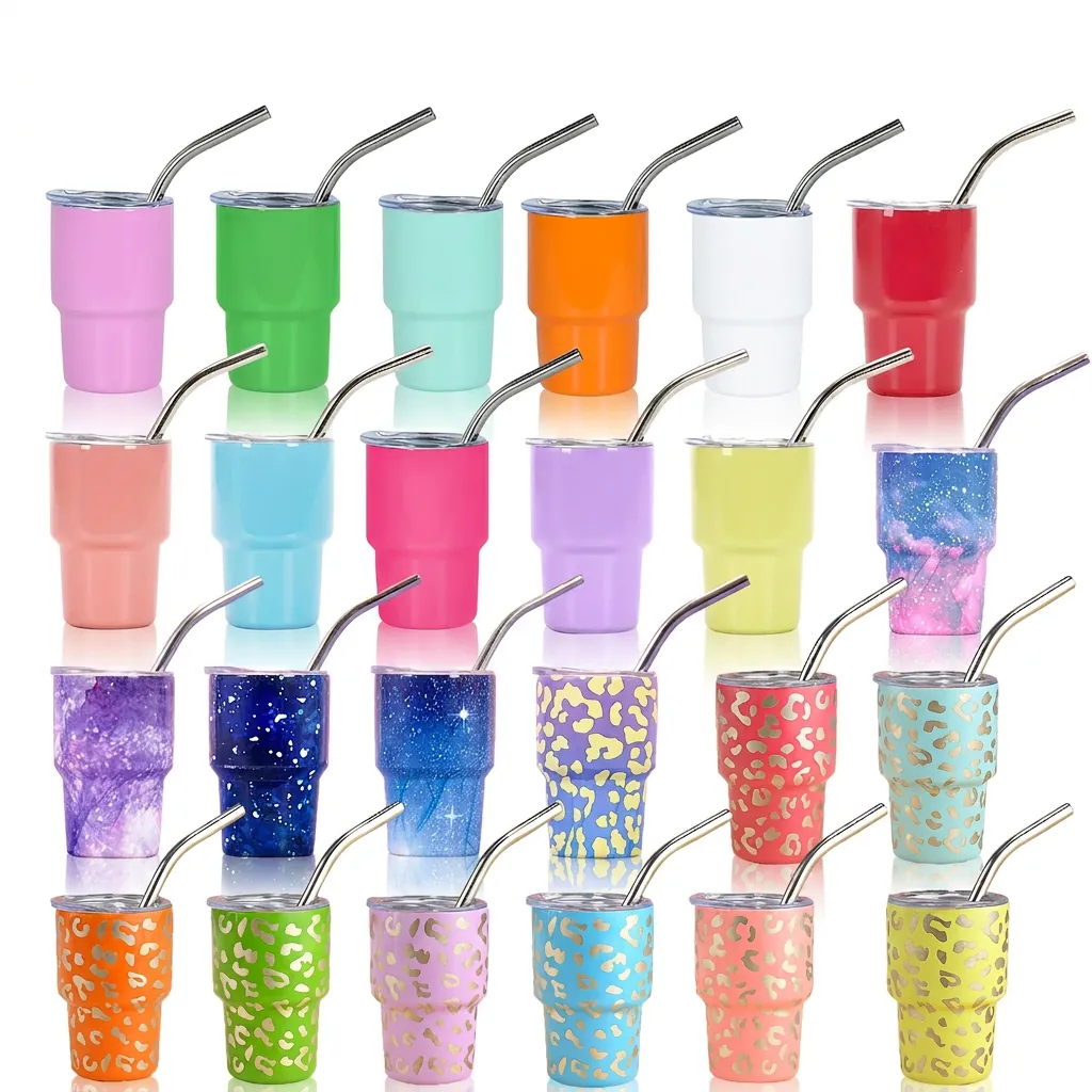 Stainless Steel Mini Tumbler Cup With Lid And Metal Straw Insulated Portable Travel Shot Cup For Coffee Leopard Starry Style