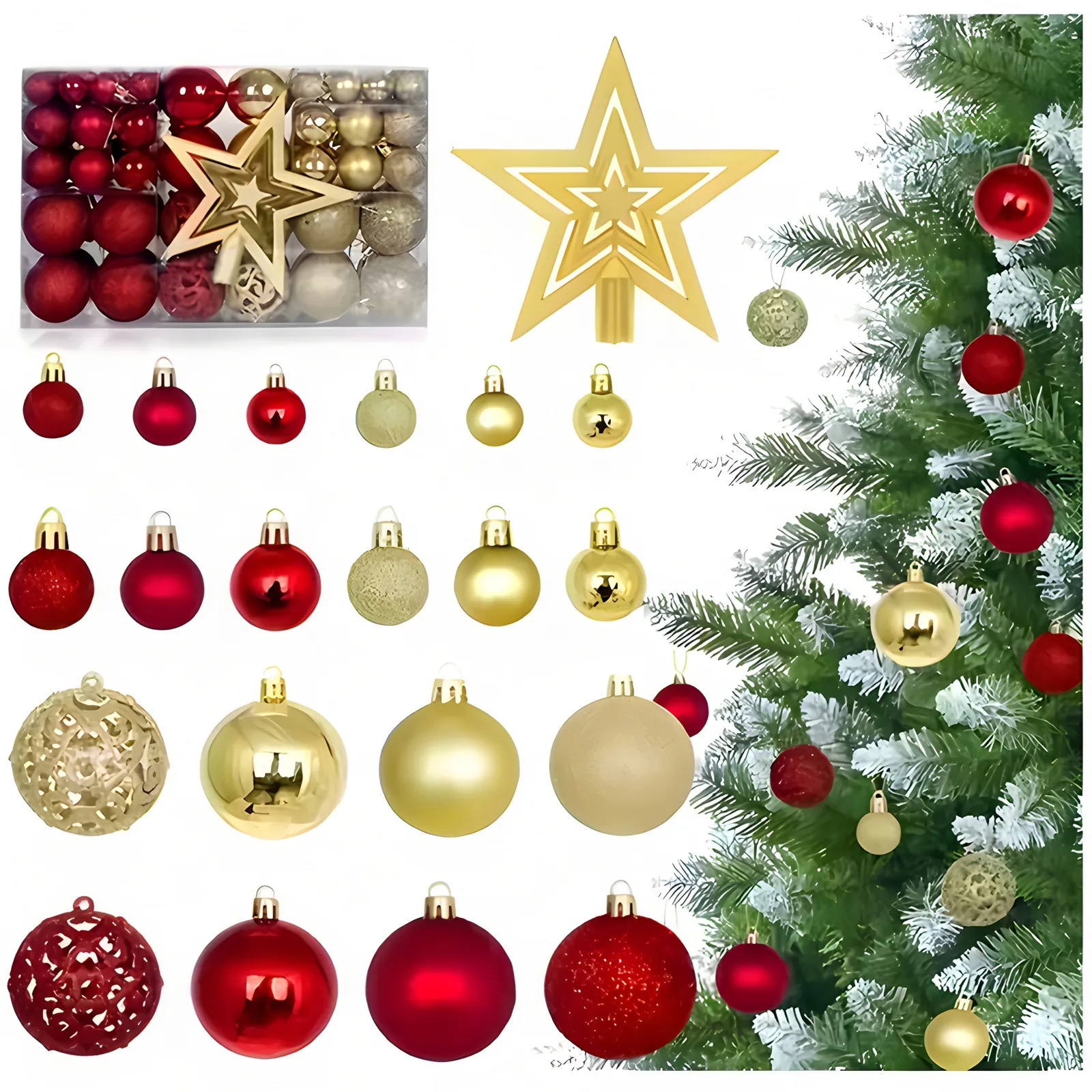 Assorted Christmas Ball Ornaments Set With Star Tree Topper Plastic Shiny Matte Glitter Hanging Festive Tree Decorations Multipack