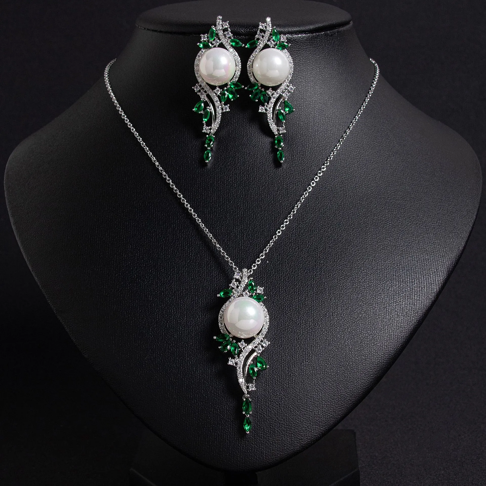 Fashion Geometric Teardrop Zircon Artificial Pearl Necklace And Earrings With Silver Earring Post Elegant Leaf Floral Jewelry