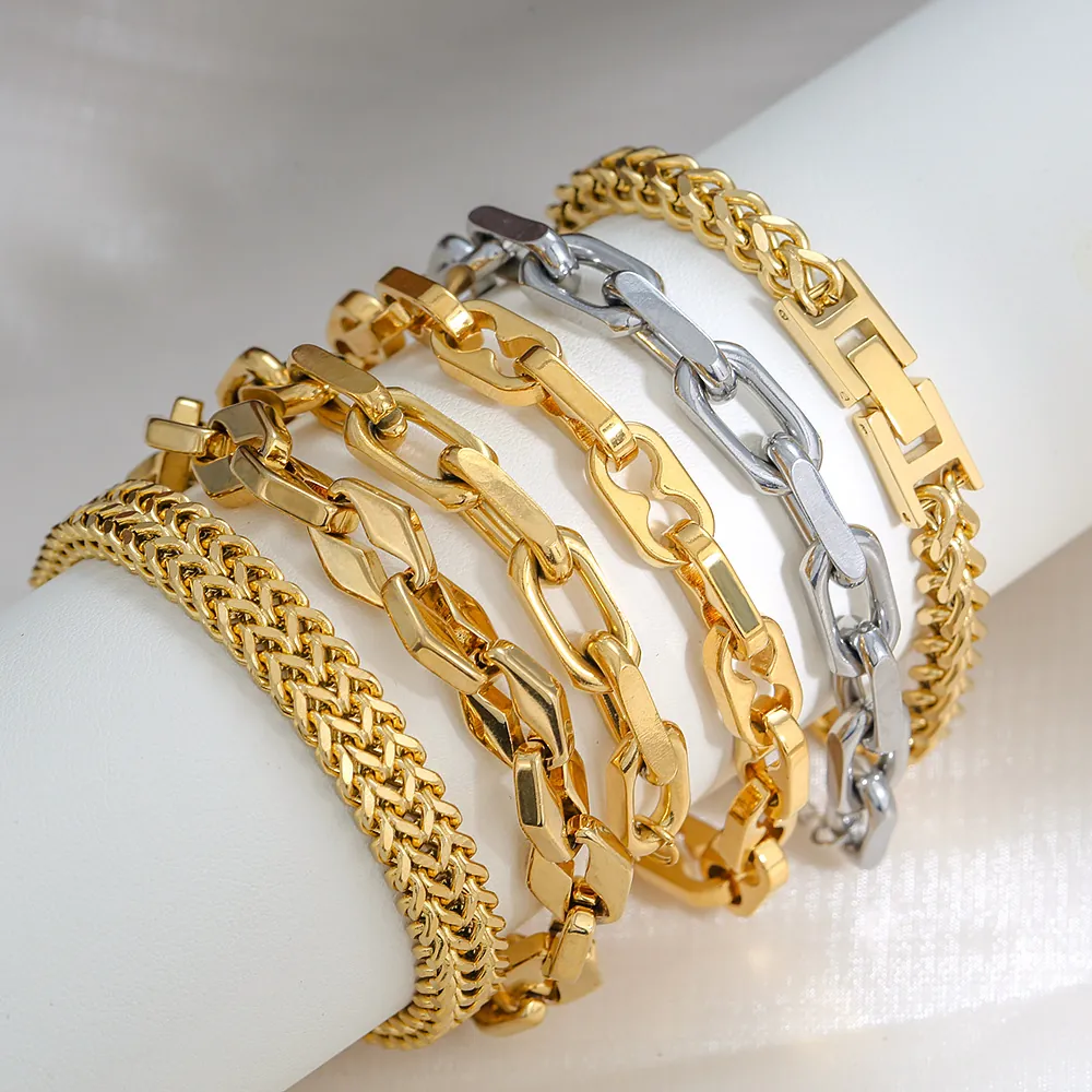 18K Gold Plated Stainless Steel Miami Cuban Link Bracelet For Women Men Hip Hop Paperclip Wheat Chain Fashion Jewelry Gift