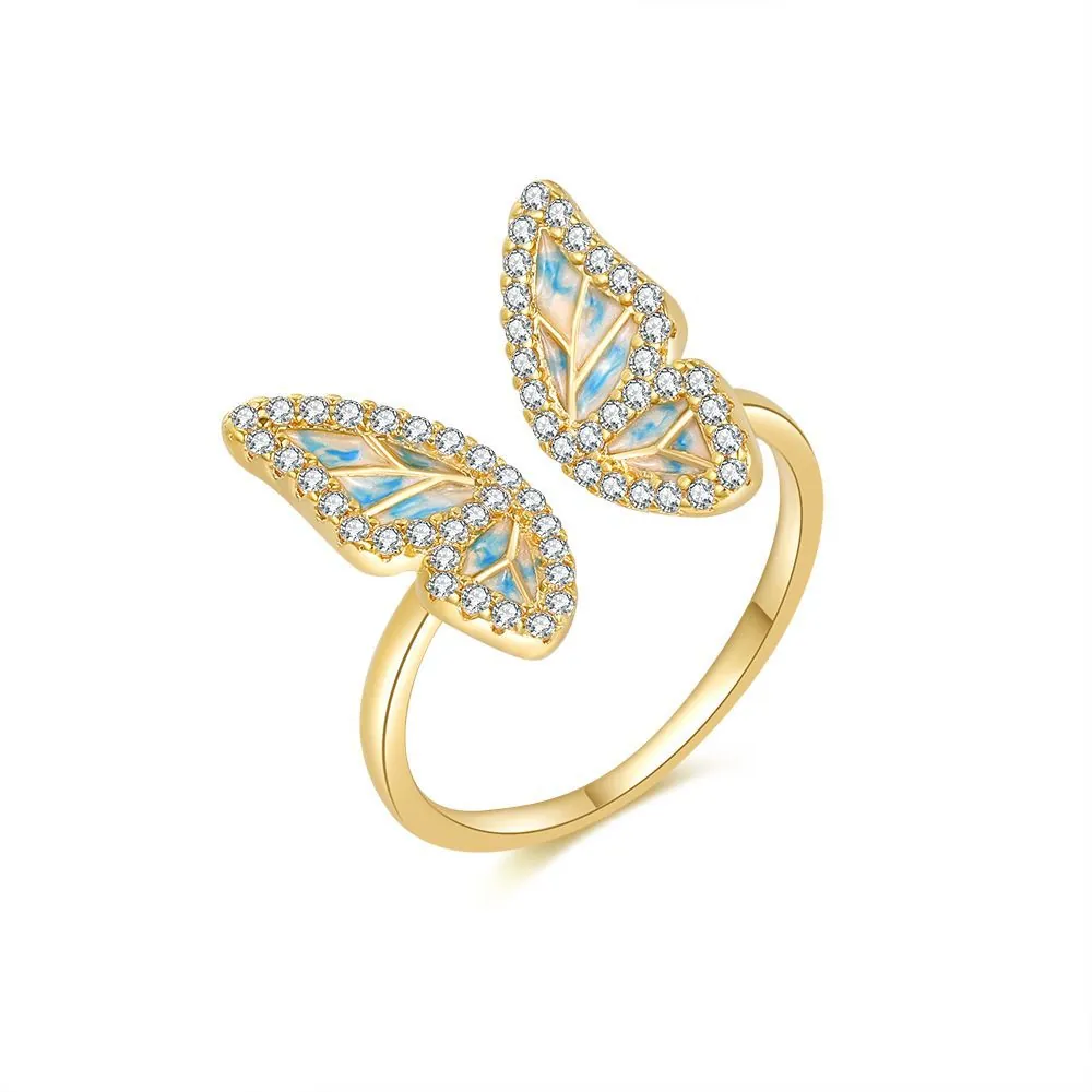 Women Vintage Gold Plated Copper Butterfly Adjustable Open Ring Blue Enamel Zirconia Inlaid Jewelry Elegant Finger Ring