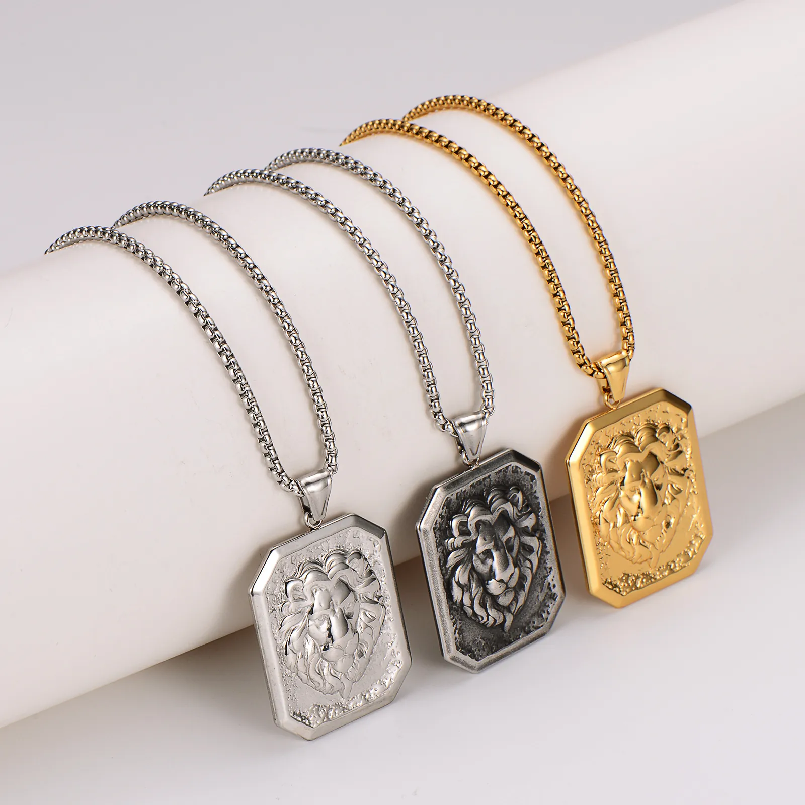 Lion Head Pendant Necklace Stainless Steel Hip Hop Punk Square Plate Relief Jewelry For Men Box Chain Vintage