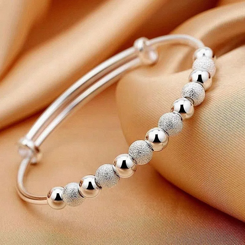 Lucky Bead Bangle Silver Plated Copper Push-Pull Adjustable Frosted Polished Beads Fashion Jewelry For Women