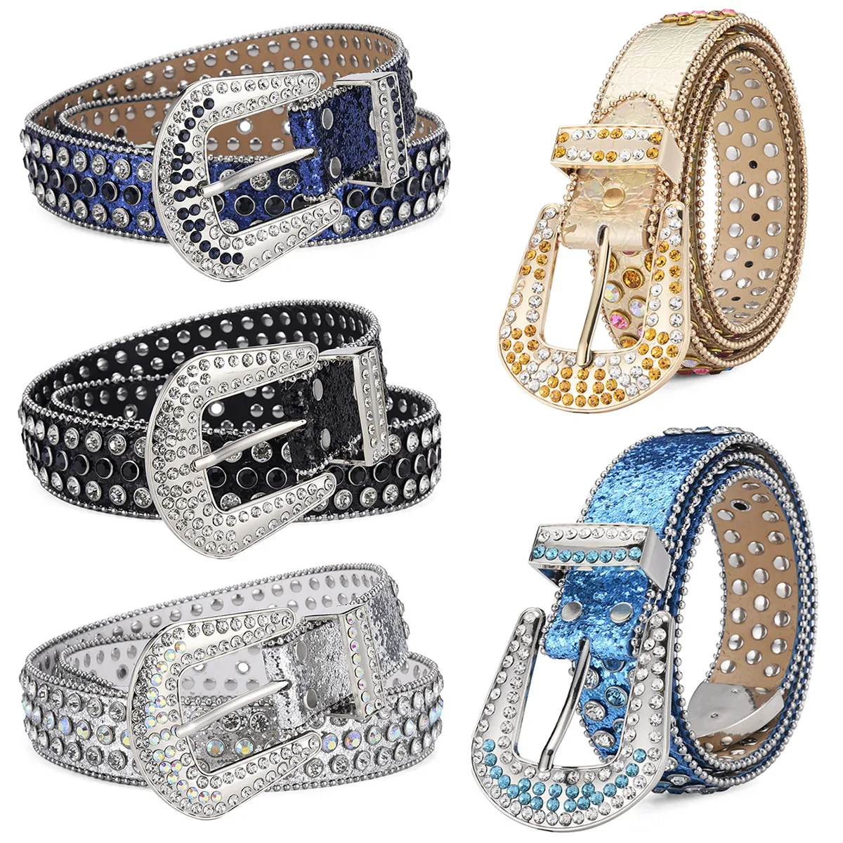 Rhinestone Belt Western Buckle Faux Leather Punk Y2K Sparkling Studded Waist Band For Men Women