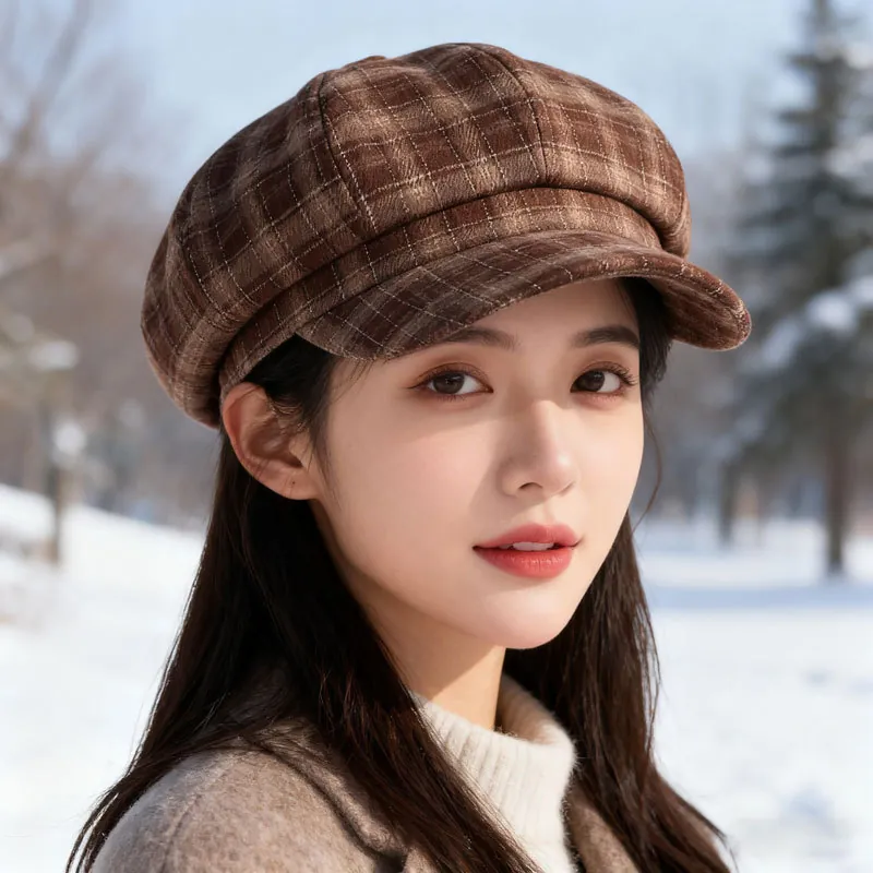 Women Newsboy Cap British Plaid Octagonal Hat Sun Protection Adjustable Cotton Polyester PU Suede Denim Woolen Retro Cabbie Cap