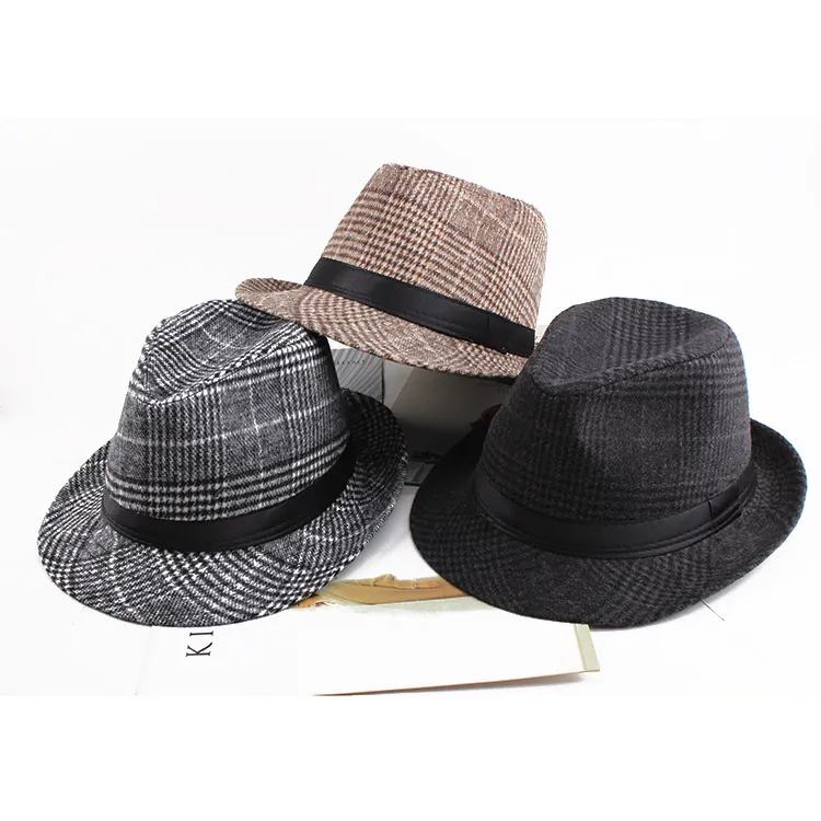 Chapeau Fedora Homme Vintage à Carreaux Rayé Hiver Chaud Polyester Jazz Hat Avec Ruban en Satin Noir Style Britannique Gentleman