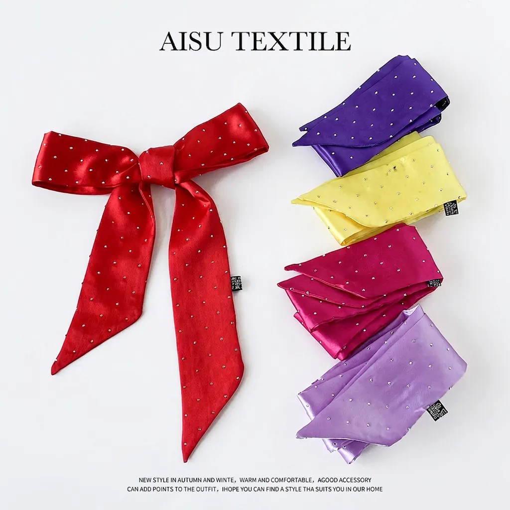 Satin Seidiges Gefühl Schmaler Schal Langer Halstuch Für Frauen Strass Polka Dot Tasche Griff Band Stirnband Mode Schal
