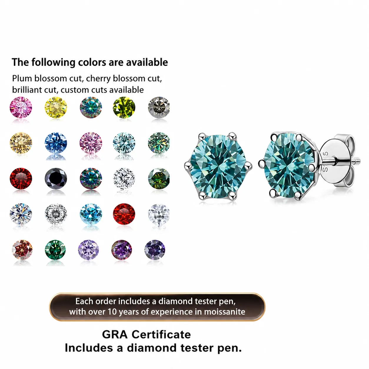 Moissanite Stud Earrings Round Brilliant Cut 925 Sterling Silver Earring Post Classic Six Prong Jewelry Women