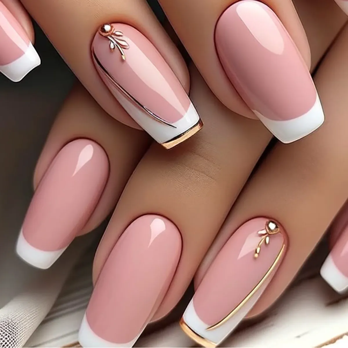 French Tip Press On Nails Pink White Gradient Gold Leaf Accents Long Coffin Shape Elegant False Nails For Women