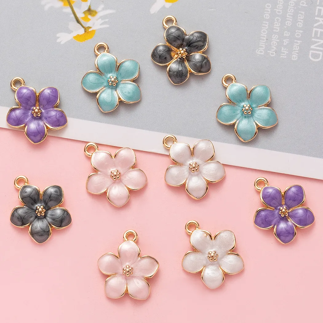 Cherry Blossom Flower Alloy Enamel Pendants Charms For DIY Jewelry Making Accessories Rhinestone Center Floral Sakura