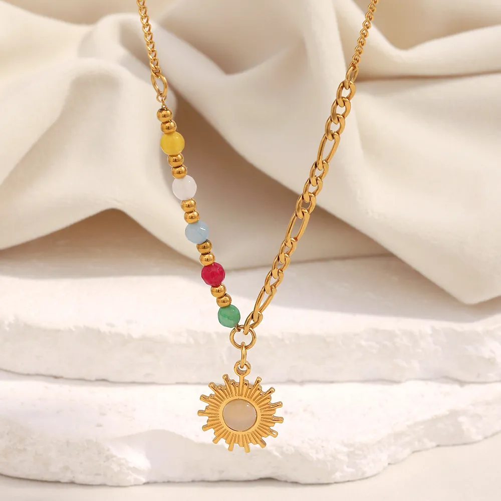 Sun Pendant Necklace Stainless Steel 18K Gold Plated Natural Stone Colorful Beads French Retro INS Style For Women