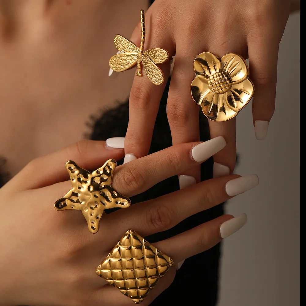 Minimalist Stainless Steel Gold Statement Ring For Women Men Flower Dragonfly Starfish Geometric Open Adjustable Ring Fashion Jewelry