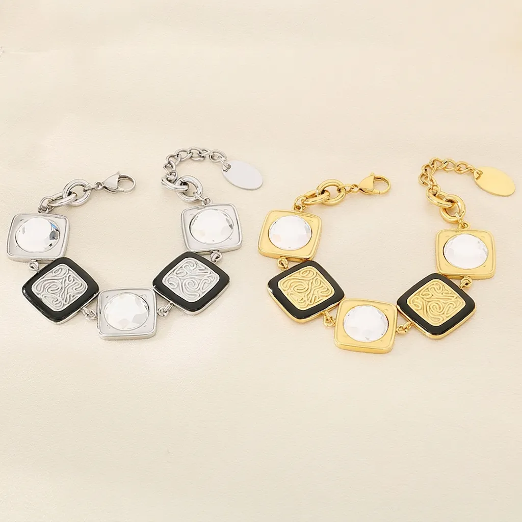 Bracciale in Acciaio Inossidabile Geometrico Vintage per Donna Placcato Oro Argento Vetro Quadrato Intarsiato Smalto Totem Gioielli