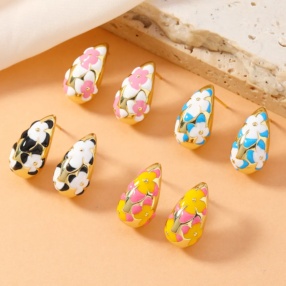 Vintage Enamel Flower Water Drop Earrings For Women Zinc Alloy Stainless Steel Post Punk Style Drip Oil Petal Jewelry