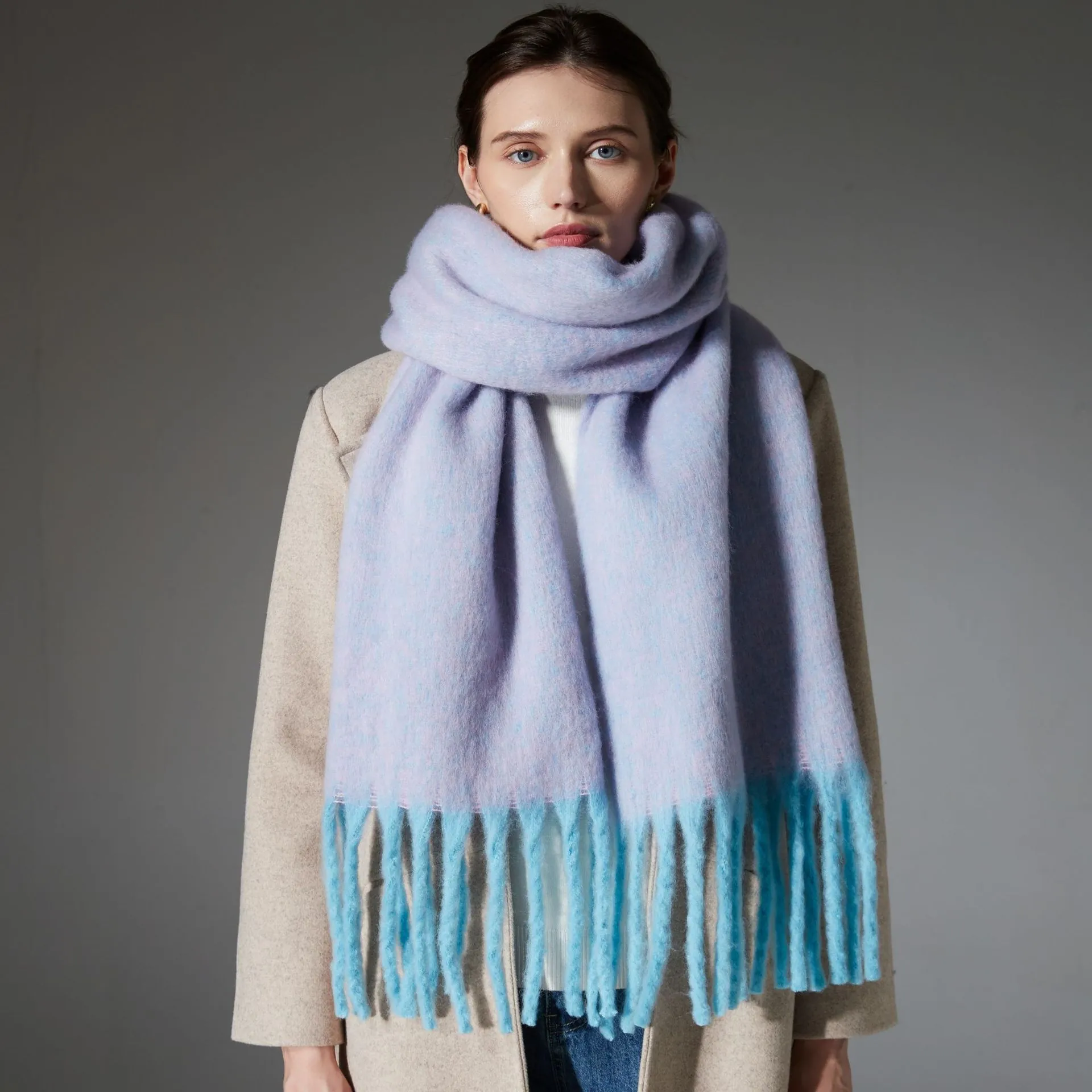 Women Gradient Oversized Tassel Scarf Winter Warm Boucle Yarn Soft Knit Shawl Wrap Fringe Thick Long Scarf For Outdoor Daily