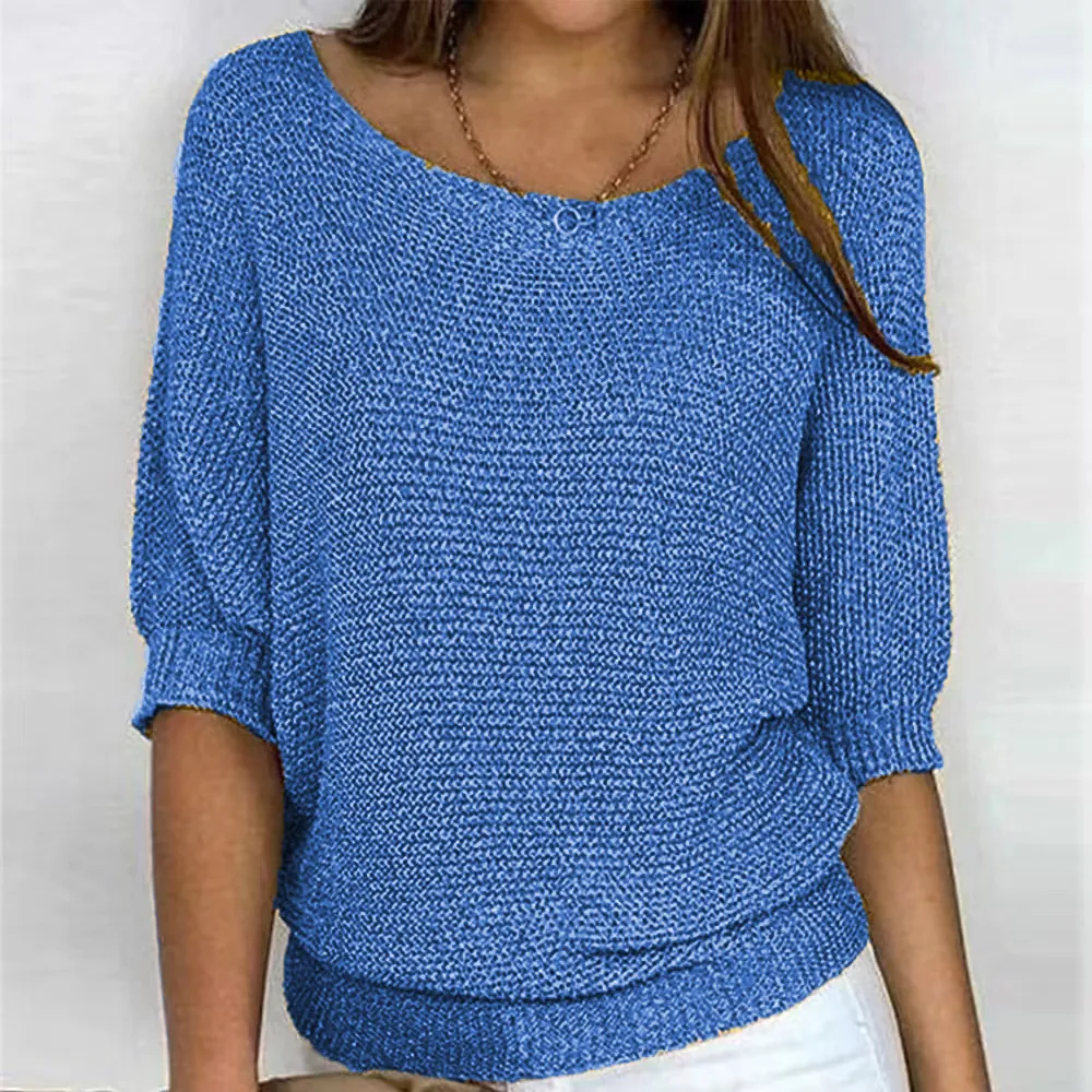 Women Elegant Solid Color Round Neck Knit Top 3/4 Lantern Sleeve Soft Commuter Knitwear Casual Pullover For Daily Wear
