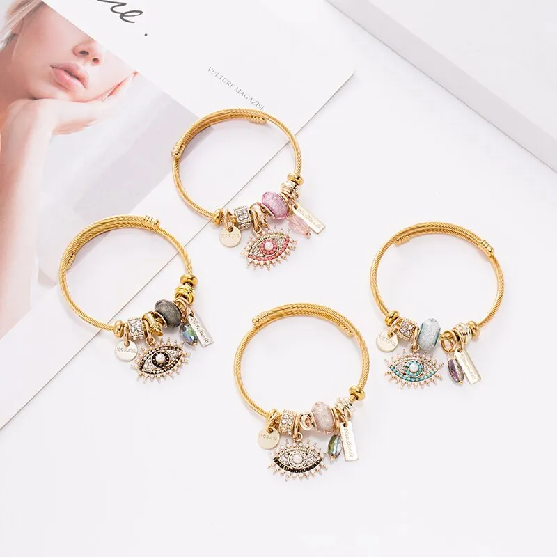 Bracelet Vintage Mauvais Œil en Fil d'Acier Inoxydable pour Femmes Couleur Or Alliage Strass Perles Bijoux Faits à la Main Cadeau