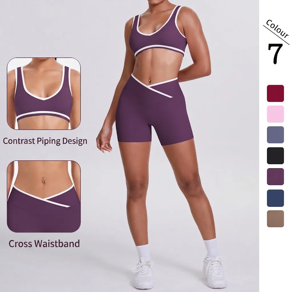 Women Yoga Set Contrast Trim Sports Bra High Waist Cross V-Waist Shorts Nylon Spandex Athletic Workout Outfits