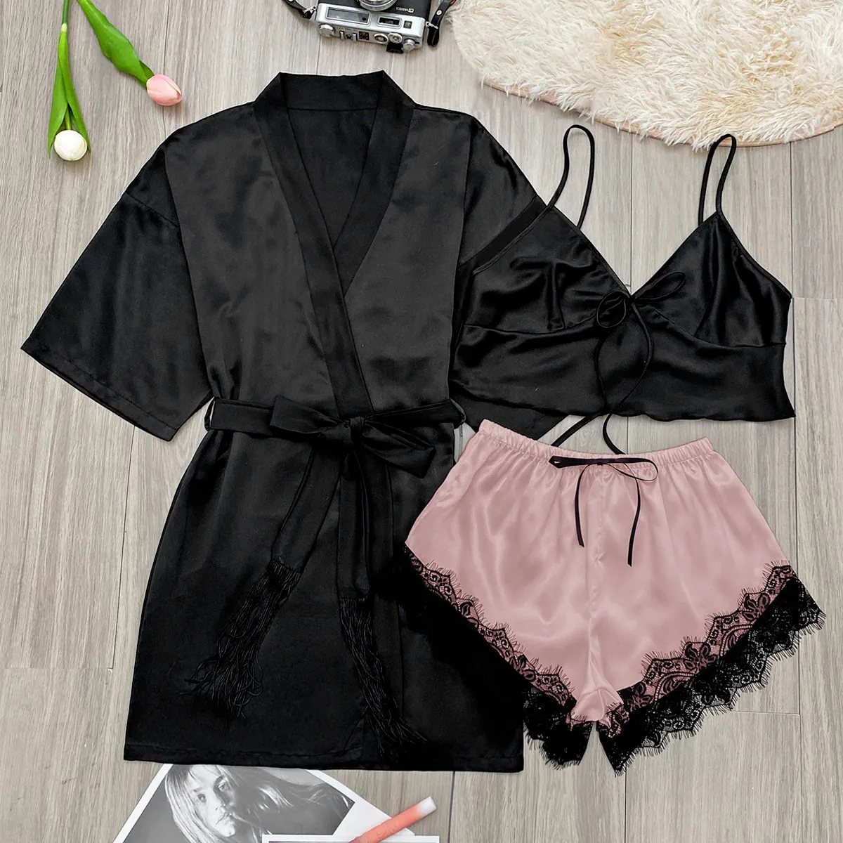 Women Faux Satin Satin Pajama Robe Cami And Shorts Sexy Lace Trim Sleepwear Elegant Nightwear