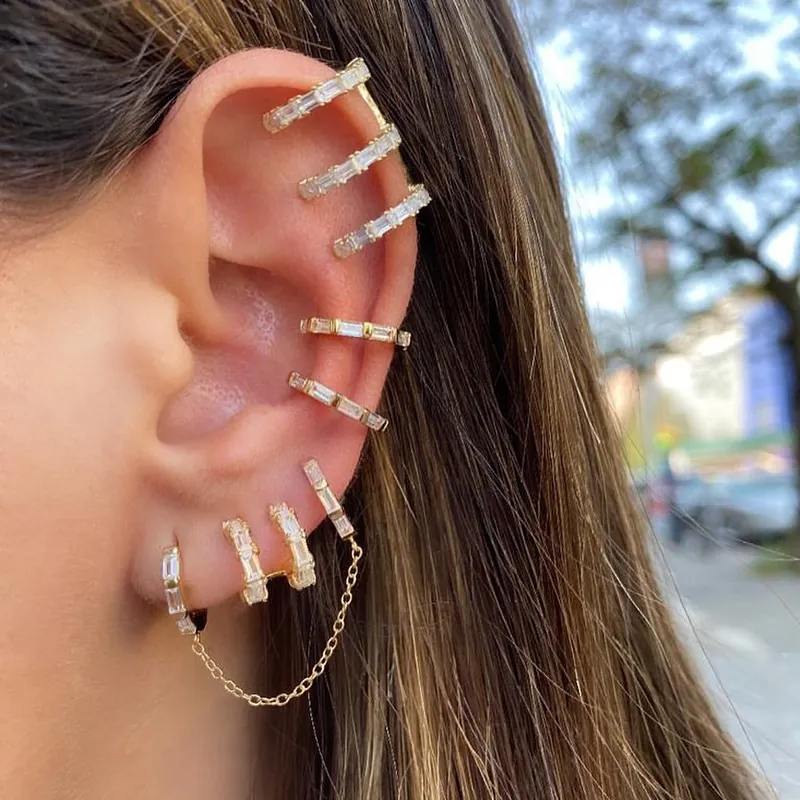 Personalized Copper Gold Silver Plated Zirconia Earring Set Geometric Double Row Stud Earrings Triple Layer Ear Cuffs