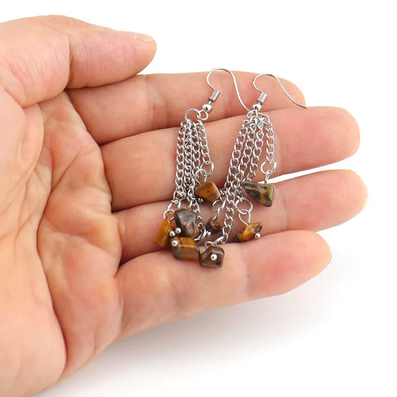 Handmade Natural Crystal Stone Tassel Drop Earrings For Women Multilayer Chain Bohemian Alloy Dangle Earrings Jewelry Gift