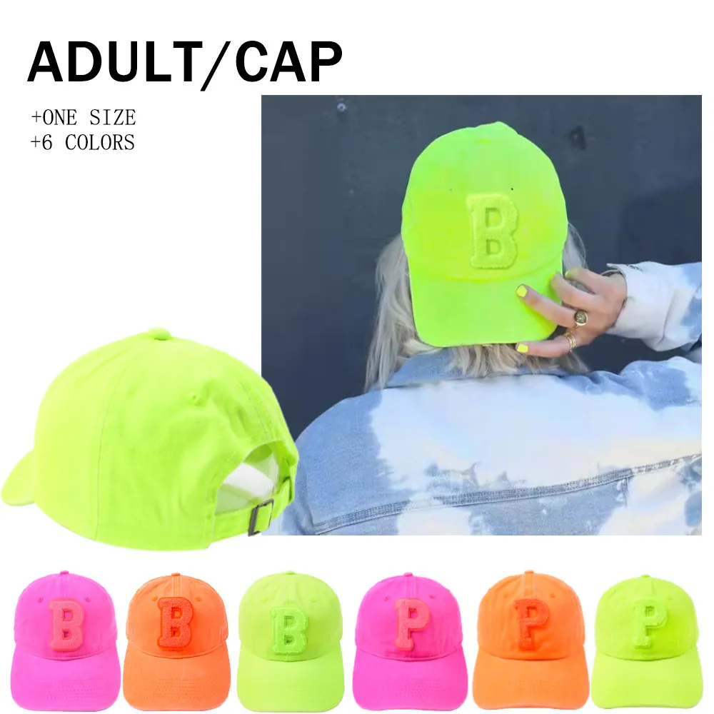 Neon Fluorescent Cotton Baseball Cap With Chenille Letter Patch Retro Outdoor Hip Hop Adjustable Snapback Sun Hat