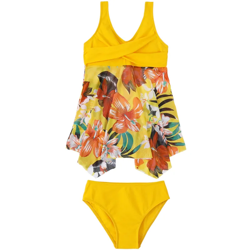 Girls Swimwear Nylon High Elasticity Tropical Leaf Floral Print Tankini Top Bikini Bottom And Mesh Skirt Swimsuit