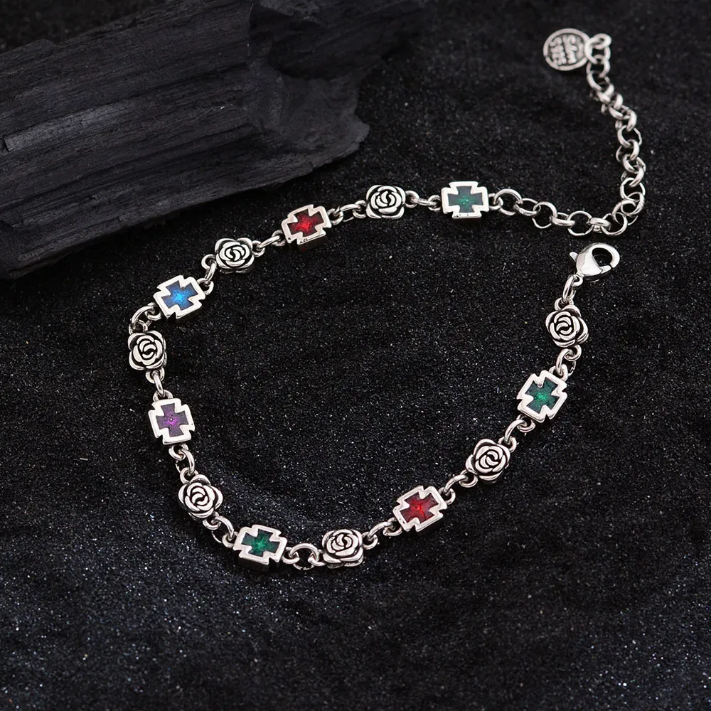 Vintage Copper Rose Cross Pendant Bracelet With Multi-Color Rhinestones Gothic Electroplated Punk Fashion Jewelry For Women