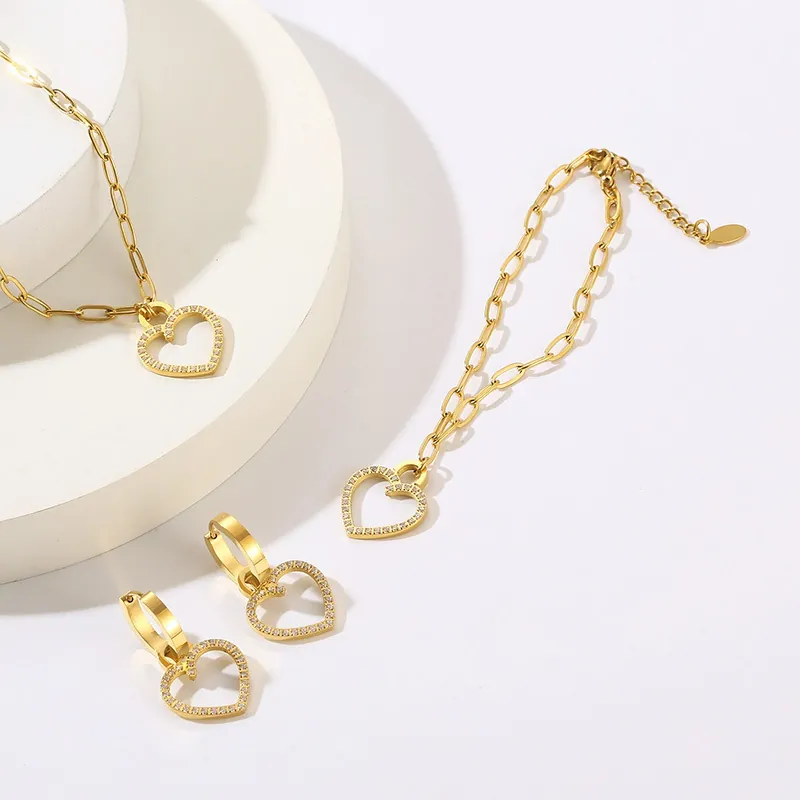 Set Di Gioielli Cuore Cavo Collana Bracciale E Orecchini Acciaio Inossidabile Strass Catena A Graffetta Per Donne