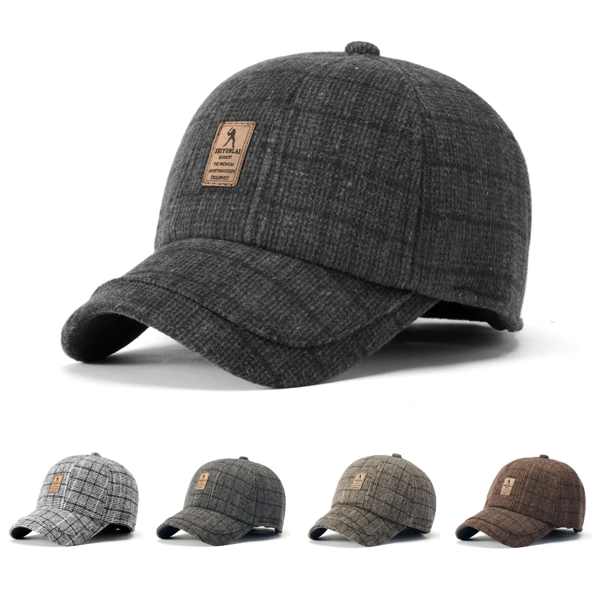 Men Baseball Cap Woolen Plaid Check Pattern Warm Winter Autumn Outdoor Peaked Hat With Leather Patch Adjustable