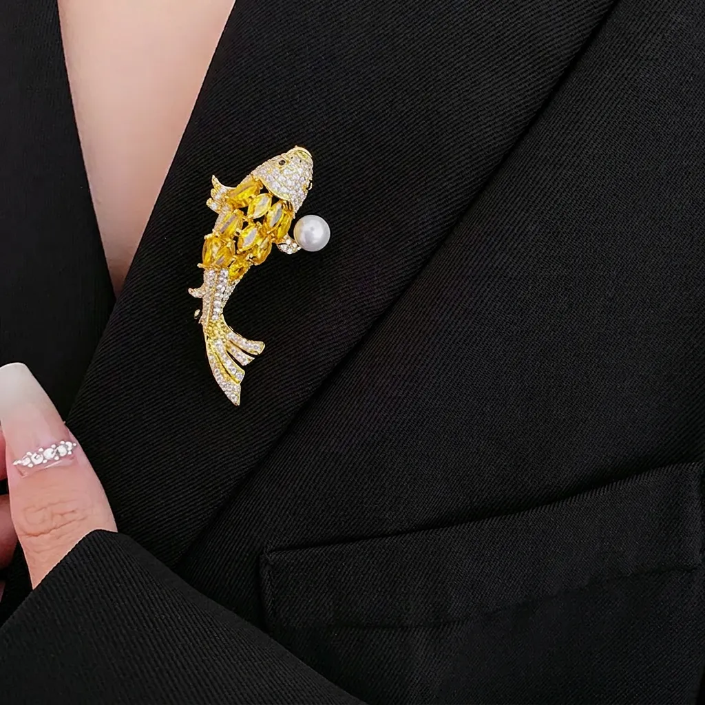 Elegante Spilla Pesce Koi Rame Placcato Oro Con Zircone Giallo E Perla Artificial D'Imitazione Bianca Gioielli Vintage Per Donna