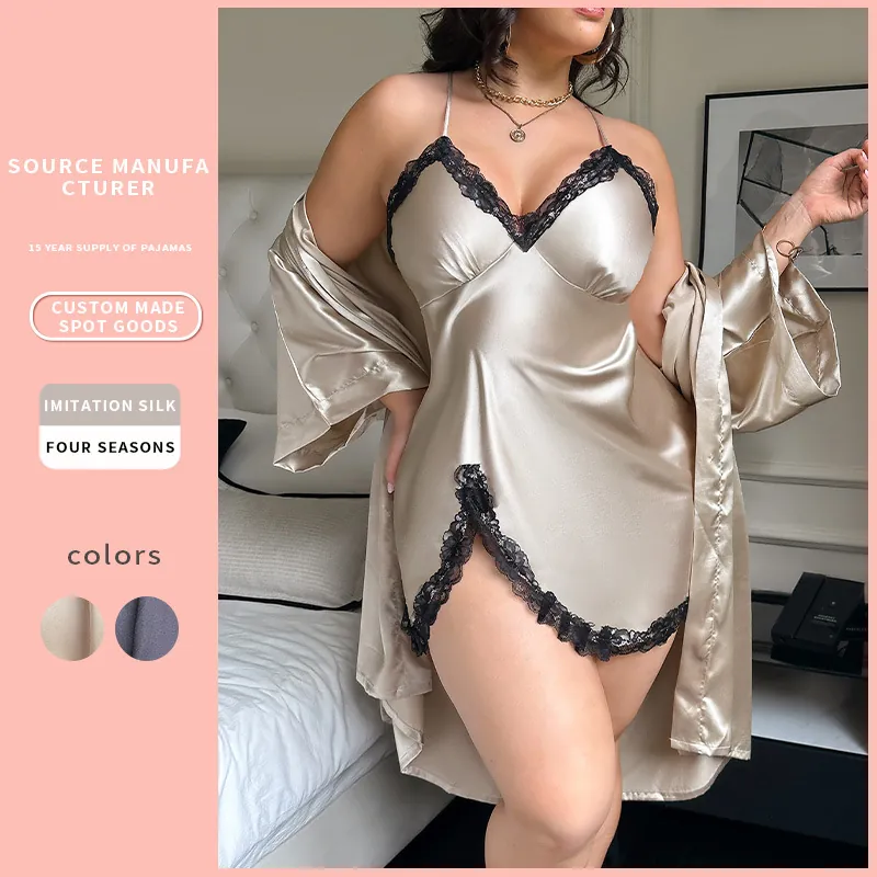 Plus Size Women Elegant Robe And Nightdress Imitation Satin Satin Lace Trim Luxury Sexy V Neck Home Sleepwear Bathrobe