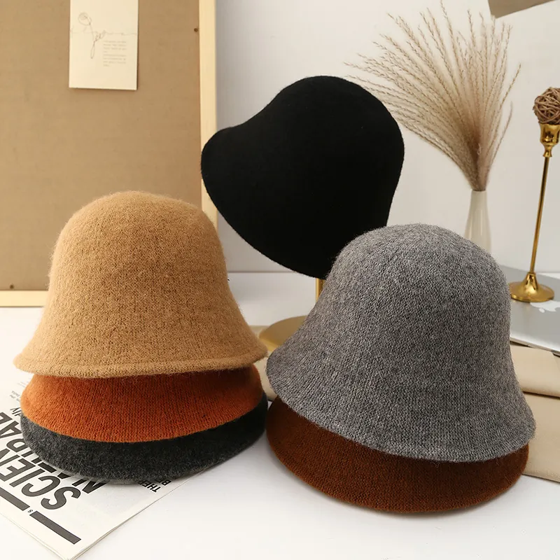 Women Polyester Knitted Bucket Hat Warm Solid Color Winter Fisherman Hat Vintage Style Round Top Outdoor Warm Accessories