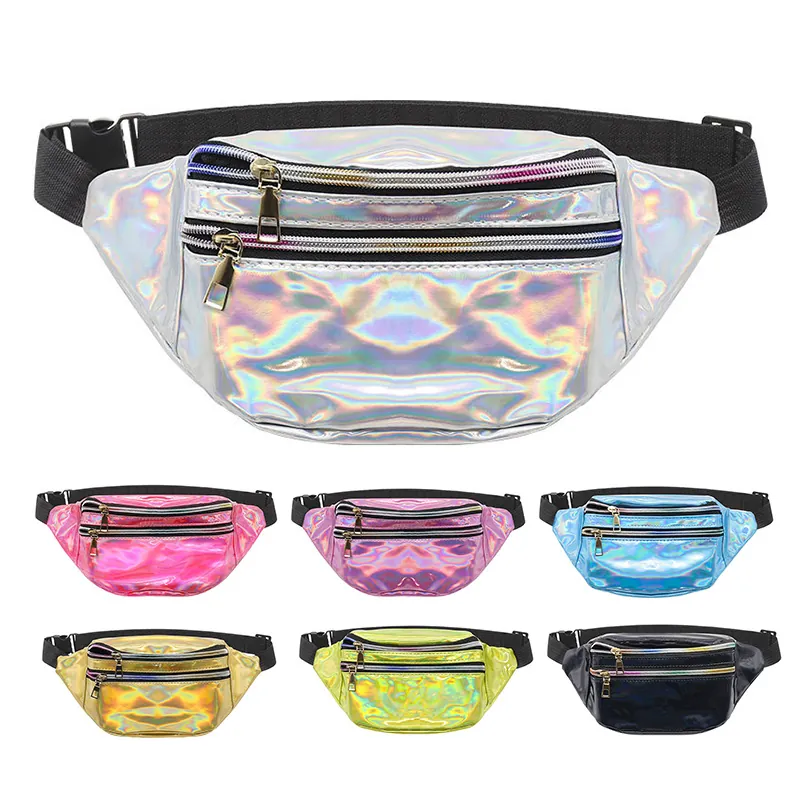 Holographic Waist Bag PU Leather Waterproof Reflective Multiple Zipper Shiny Fanny Pack For Running Sports Festival Travel