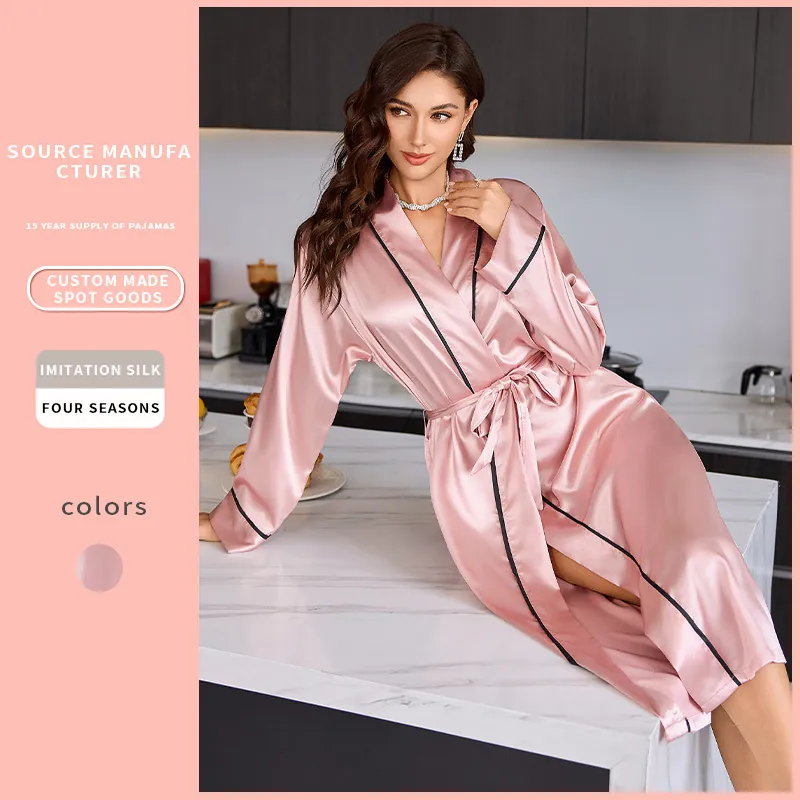 Damen Langer Satin Bademantel Imitation Satin Langarm Bindegürtel Kontrastpaspel V-Ausschnitt Nachtwäsche Elegant